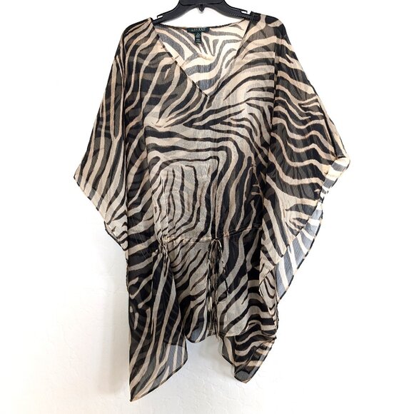 LAUREN RALPH LAUREN Top 1X Brown Zebra Sheer Kimono Cover Up Tie Front V‎ Neck - Picture 1 of 14